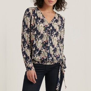 Lucky Brand Floral Sawyer wrap Top blouse navy pink